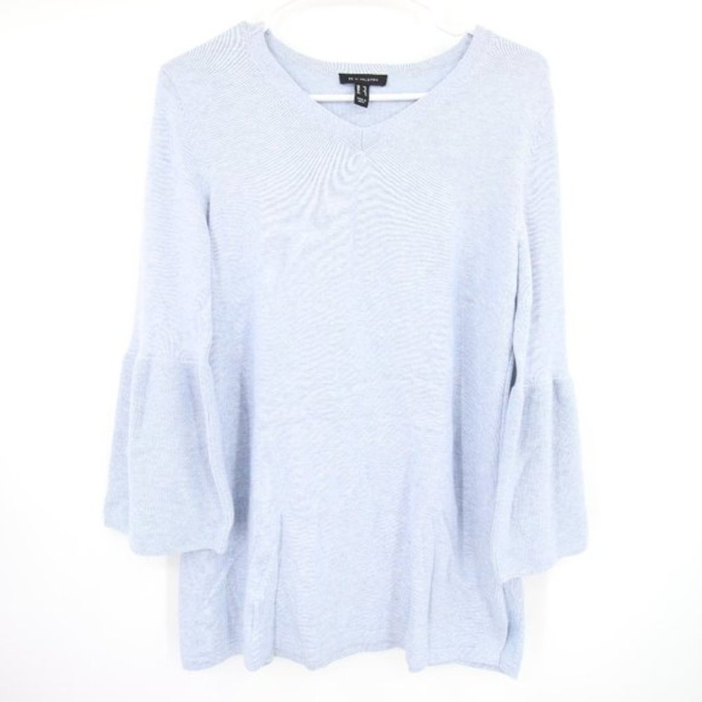 NWOT H by Halston Light Blue Bell Sleeve V Neck Sweater Size XS